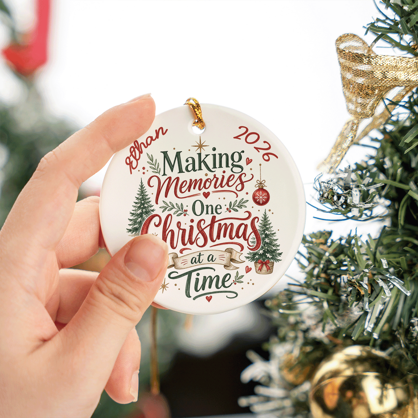 Personalized Making Memories One Christmas at a Time Round Ceramic Ornament with Custom Name
