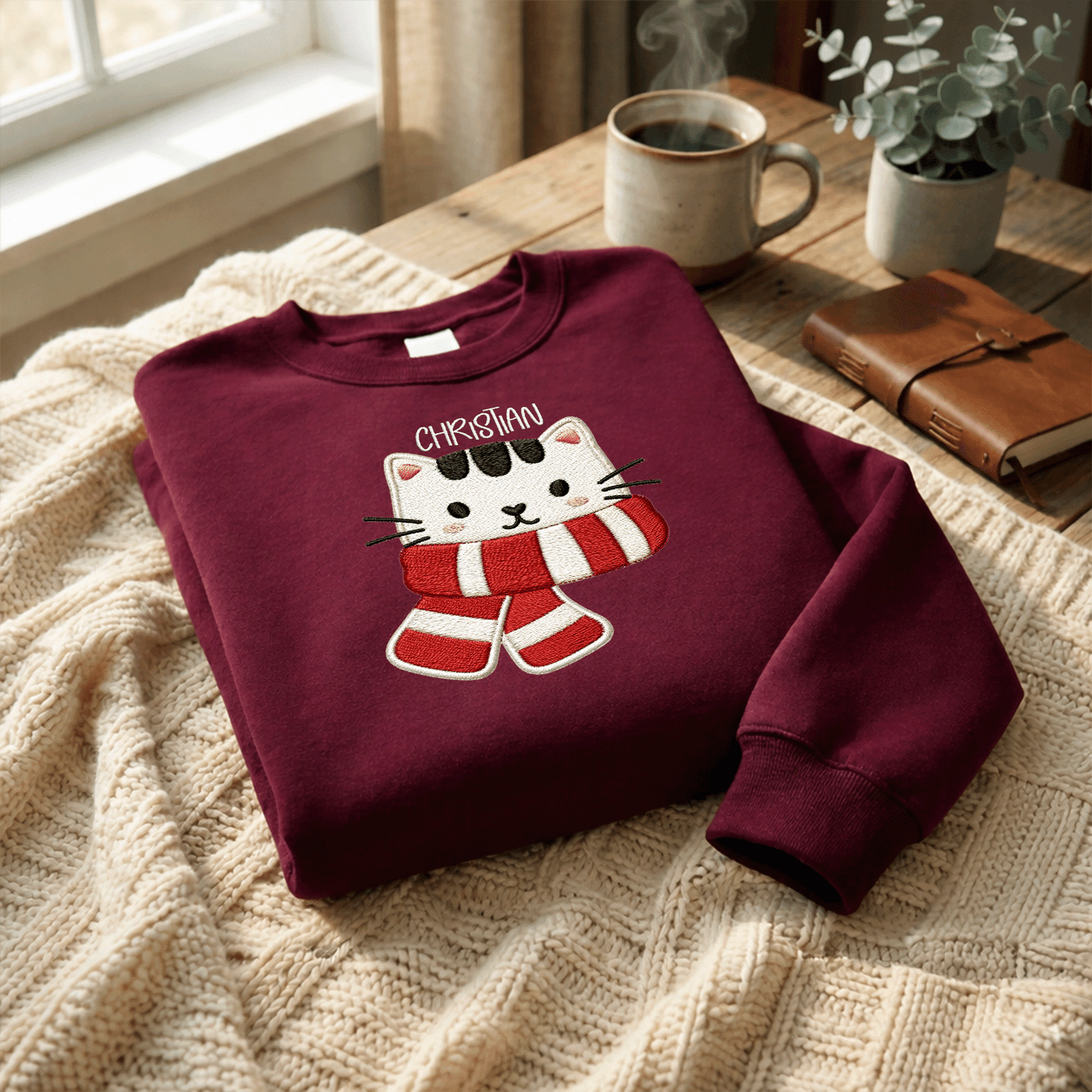 Personalized Embroidered Christmas Scarf Cat Sweatshirt with Custom Name