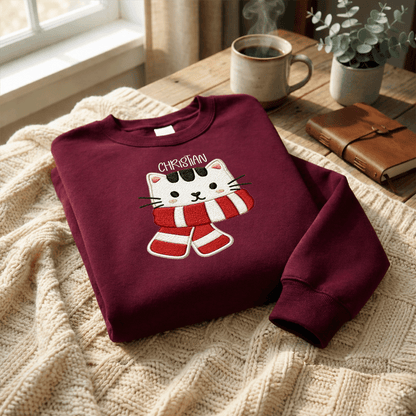 Personalized Embroidered Christmas Scarf Cat Sweatshirt with Custom Name