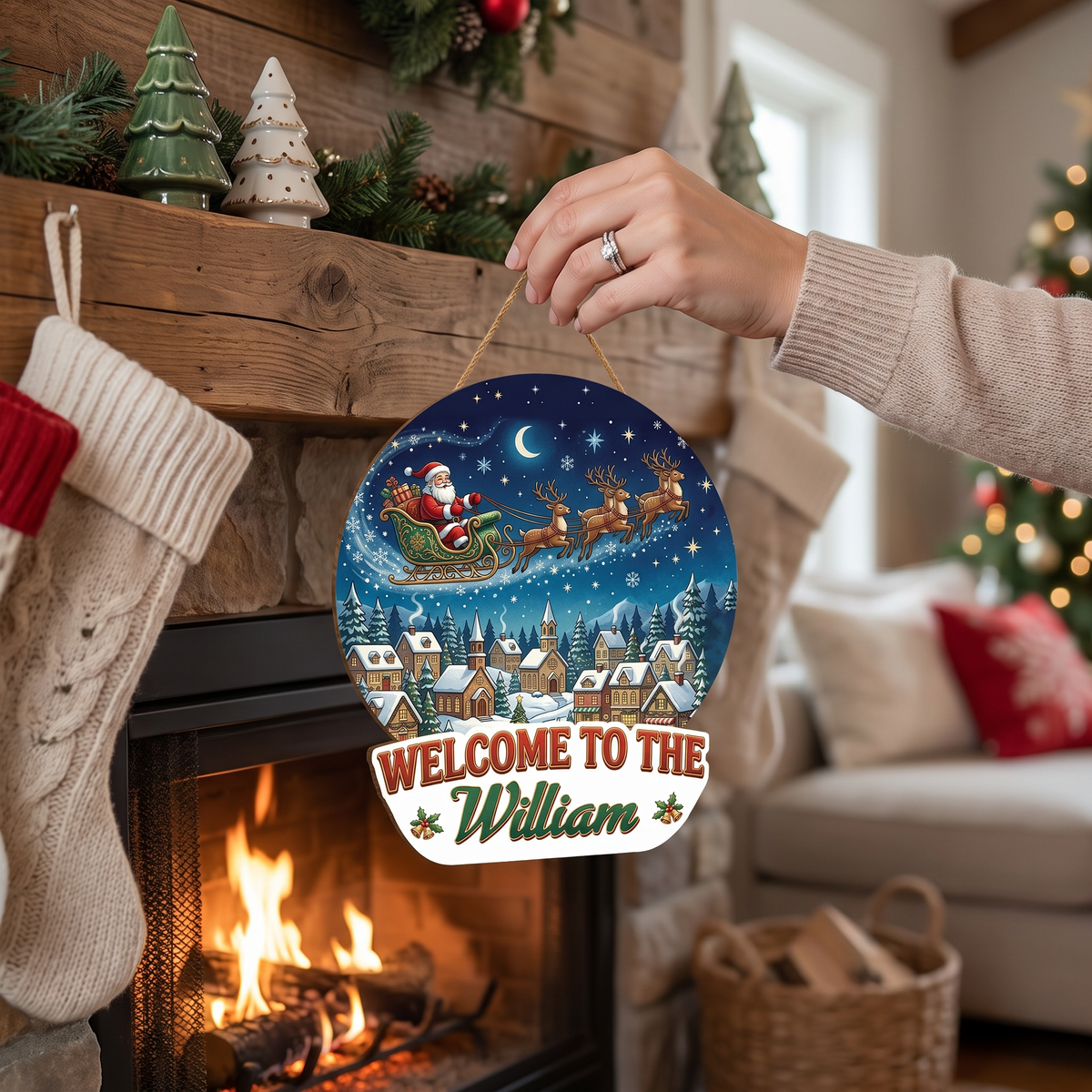Personalized Santa Flying Sleigh Custom Shape Wood Sign, Custom Family Name Welcome To The Winter Village Wooden Hanging Plaque, Festive Christmas Door & Wall Decor Family Gift