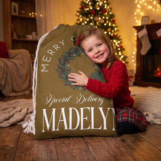 Personalized Merry Christmas Wreath Christmas Sack with Custom Name