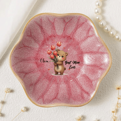 Custom Message Birth Flower Trinket Dish – Personalized Name Center Keepsake for Mom or Grandma