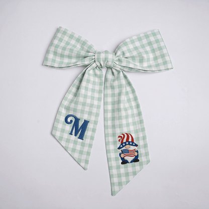 Custom Letter Patriotic Gnome American Flag Embroidered Linen Wreath Sash, Personalized Monogram 4th of July Bow Sash for Door Decor