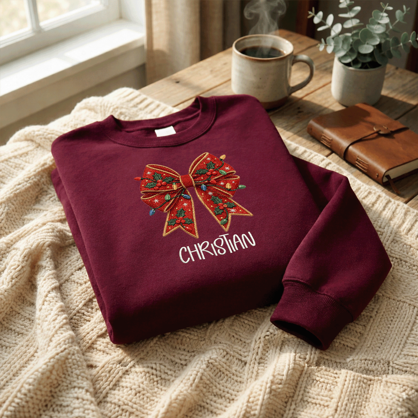 Personalized Embroidered Christmas Bow Sweatshirt with Custom Name
