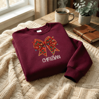 Personalized Embroidered Christmas Bow Sweatshirt with Custom Name