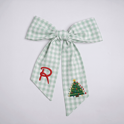 Custom Monogram Pencil Christmas Tree Embroidered Linen Door Wreath Sash, Personalized Initial Teacher School Pencil Tree Lights Holiday Wreath Sash & Front Door Decor