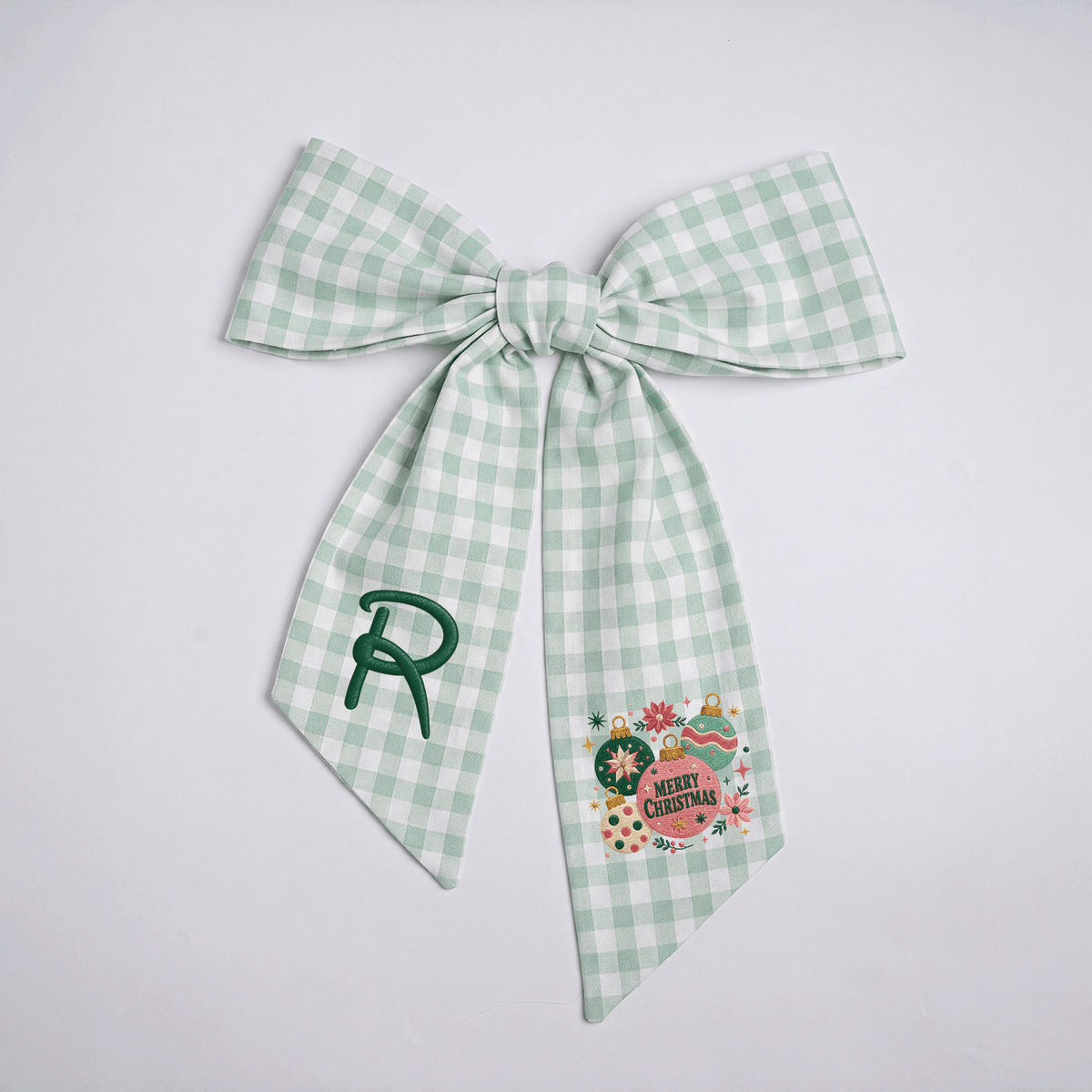 Custom Monogram Merry Christmas Ornaments Embroidered Linen Door Wreath Sash, Personalized Initial Festive Baubles Floral Holiday Wreath Sash & Front Door Decor