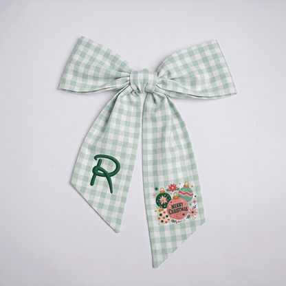 Custom Monogram Merry Christmas Ornaments Embroidered Linen Door Wreath Sash, Personalized Initial Festive Baubles Floral Holiday Wreath Sash & Front Door Decor