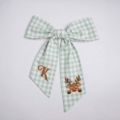 Custom Letter Reindeer Christmas Lights Embroidered Linen Wreath Sash, Personalized Monogram Holiday Bow Sash for Door Decor