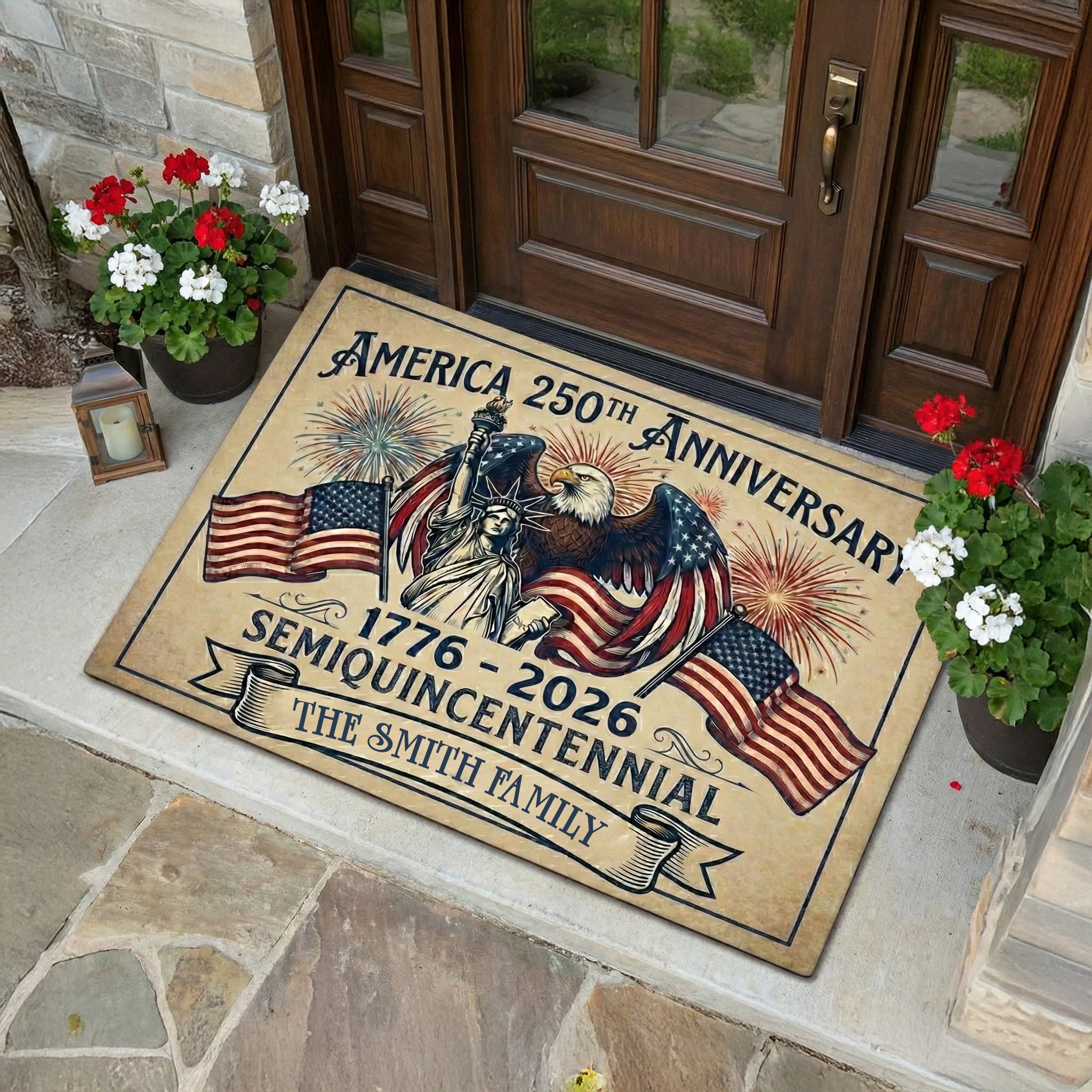 250th Anniversary America Doormat - Personalized Family Name Welcome Rug