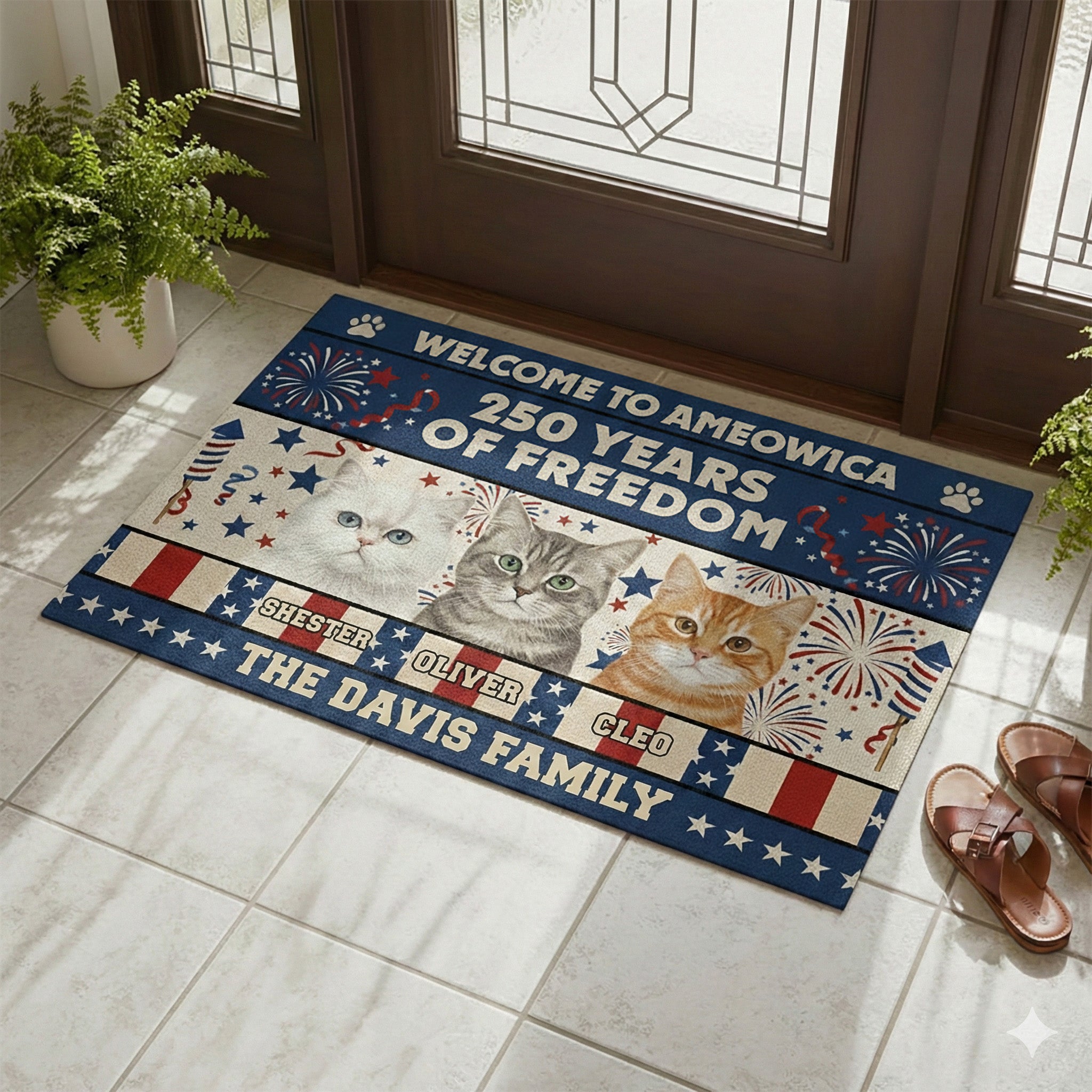 Custom Cat Photo Doormat Welcome to Ameowica 1776-2026 Patriotic Mat