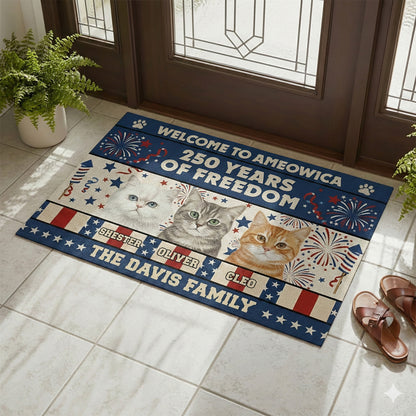 Custom Cat Photo Doormat Welcome to Ameowica 1776-2026 Patriotic Mat