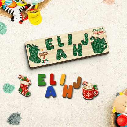 Personalized Christmas North Pole & Hot Cocoa Wooden Puzzle Board - Custom Kids Holiday Learning Toy & Nursery Decor
