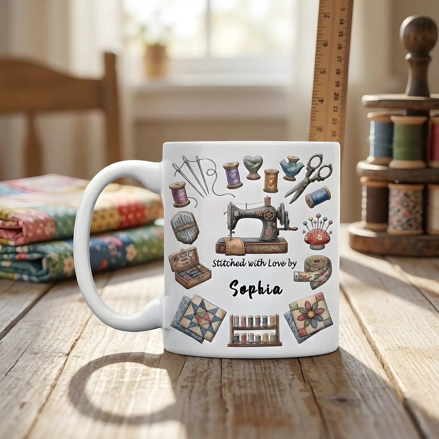 Sewing Love & Thread Design – Personalized Sewing Mom Mug – Mother’s Day Gift for Mom – Custom Name Quilter Mug