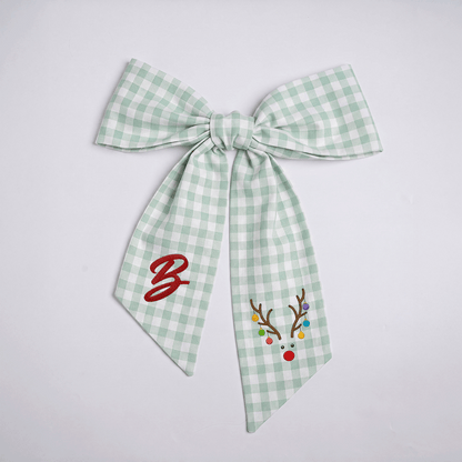 Custom Letter Reindeer Antlers Lights Embroidered Linen Wreath Sash, Personalized Monogram Holiday Bow Sash for Door Decor