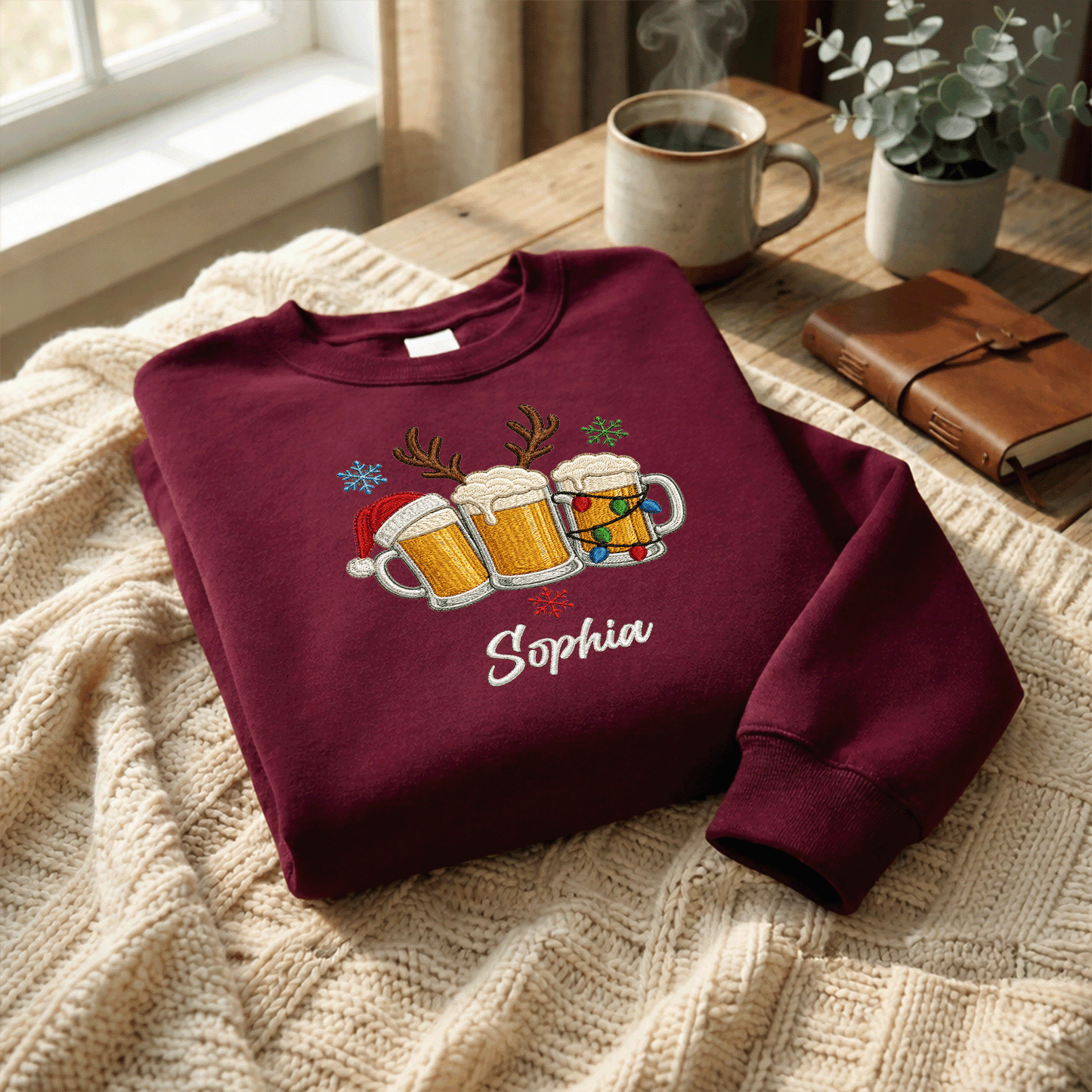 Personalized Embroidered Christmas Beer Mugs Sweatshirt with Custom Name
