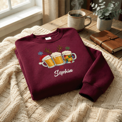 Personalized Embroidered Christmas Beer Mugs Sweatshirt with Custom Name