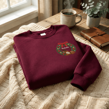 Personalized Deer Christmas Wreath Embroidered Sweatshirt, Custom Name Christmas Crewneck Gift