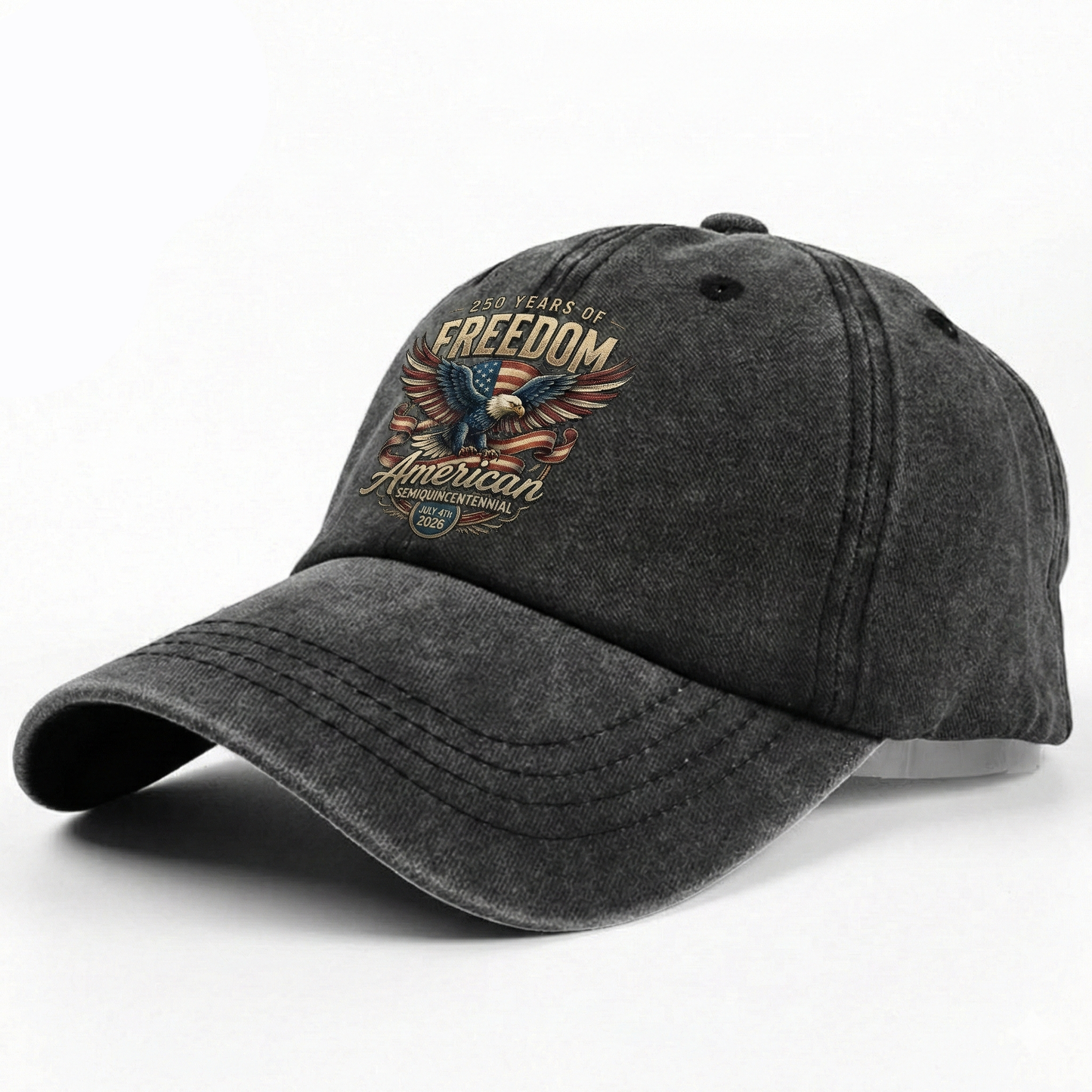 250 Years of Freedom American Eagle Washed Denim Baseball Cap – Custom Name Patriotic USA Hat 1776-2026
