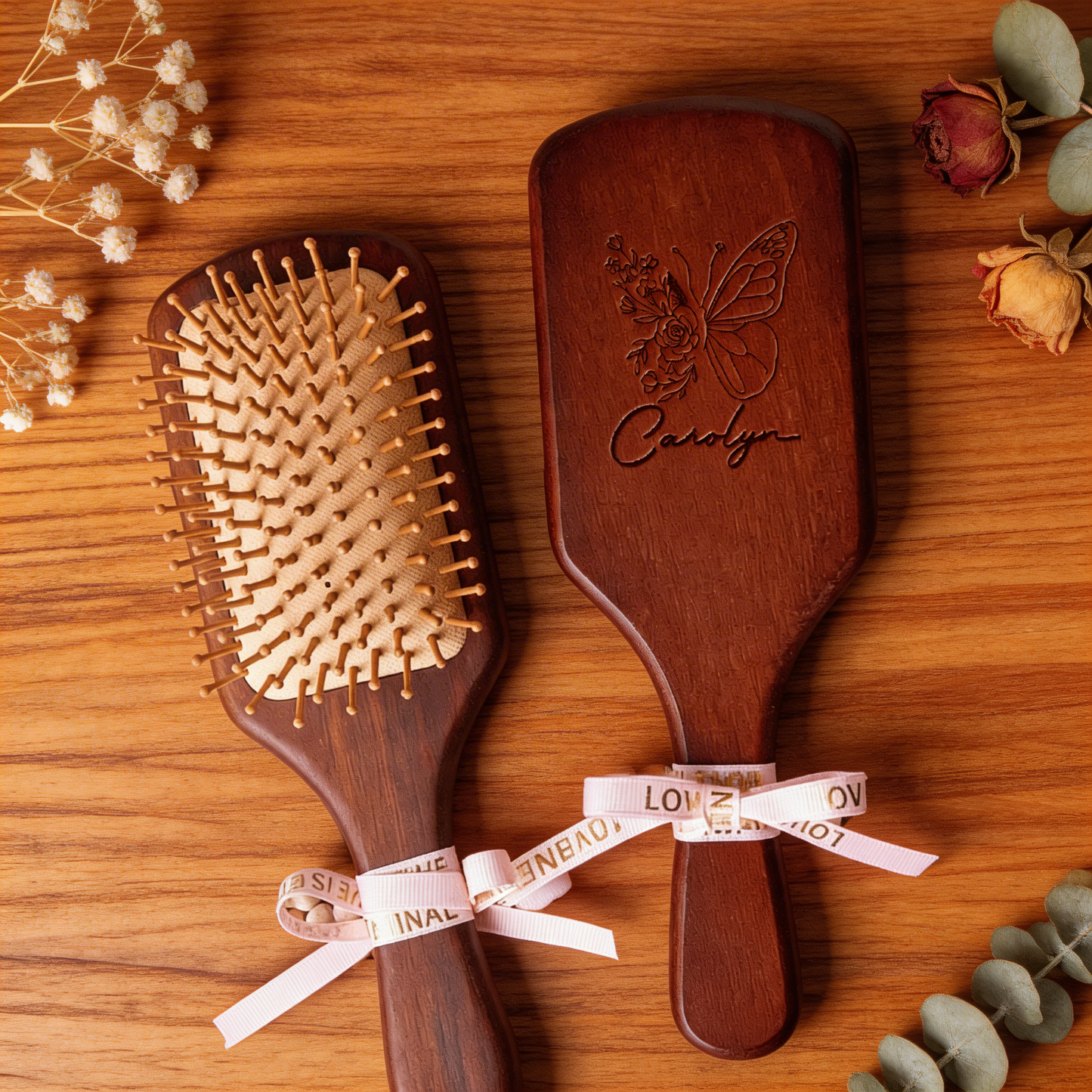 Personalized Wooden Hair Comb with Ribbon – Engraved Name Mother’s Day Gift for Mom
