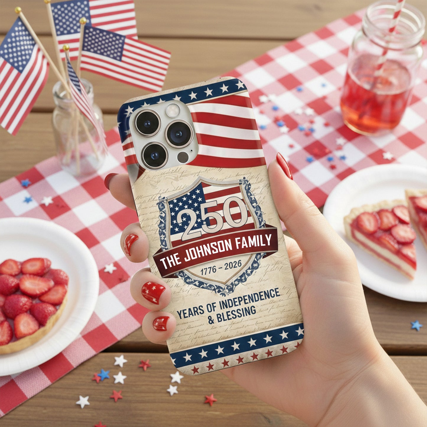Custom Family Name Patriotic American, 250 Years of Blessing God Phone Case