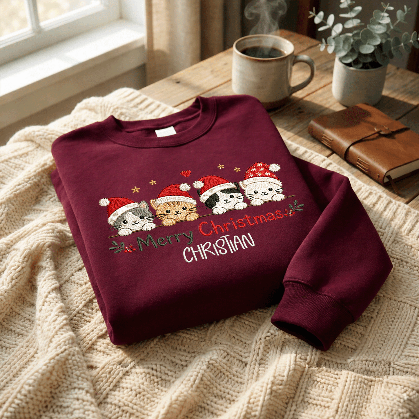 Personalized Embroidered Merry Christmas Cats Sweatshirt with Custom Name