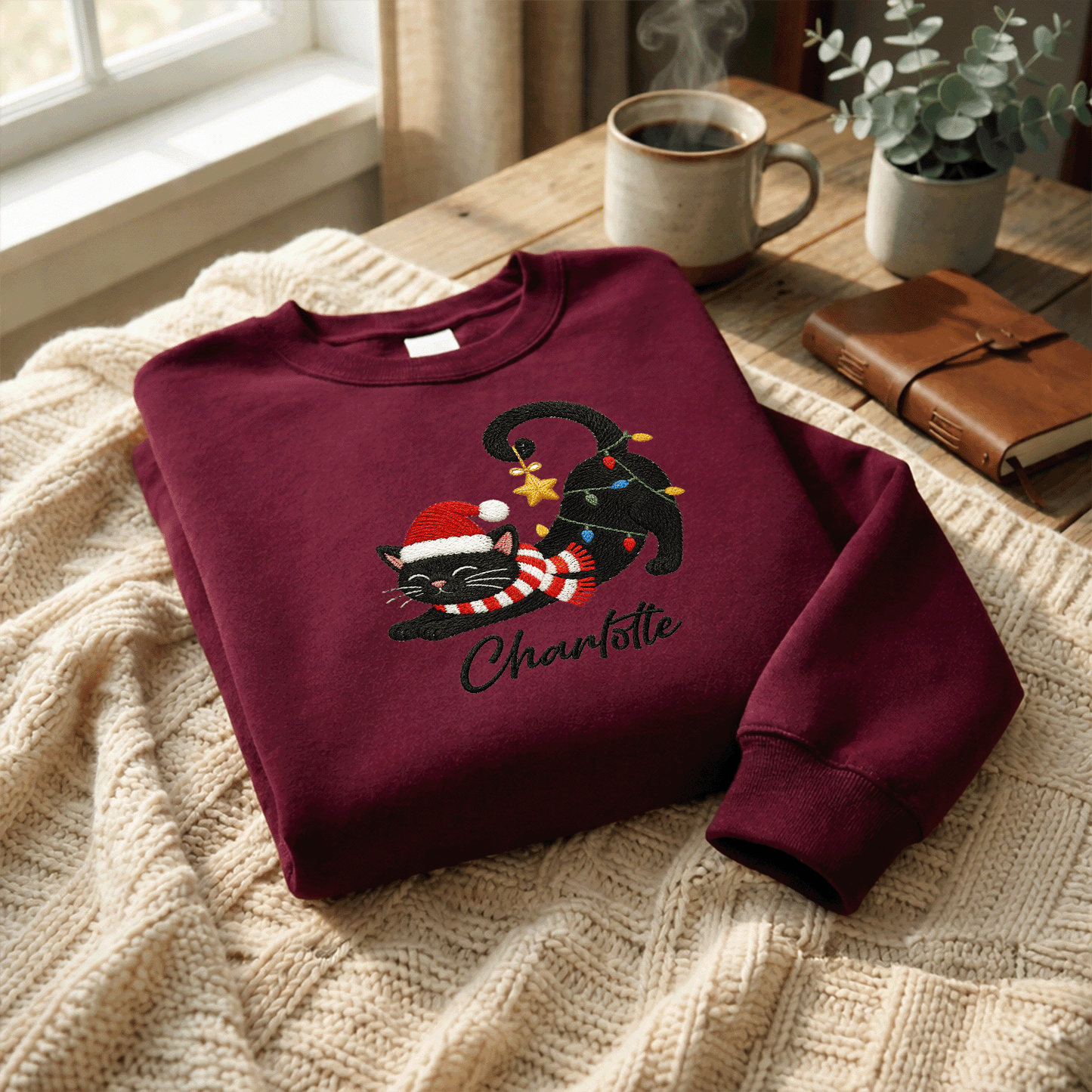 Personalized Embroidered Christmas Black Cat Sweatshirt with Custom Name