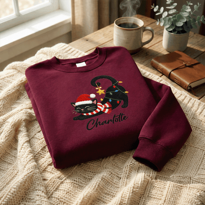 Personalized Embroidered Christmas Black Cat Sweatshirt with Custom Name