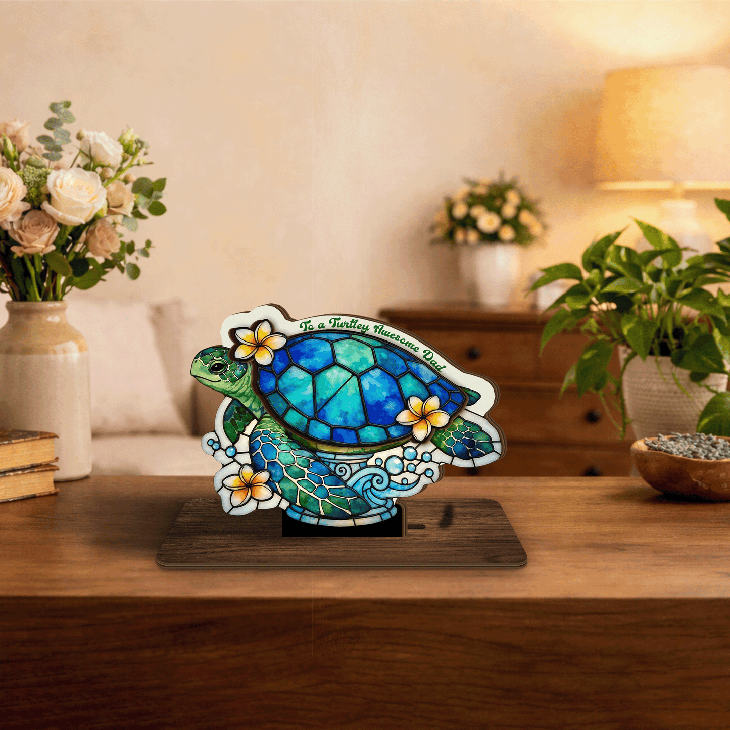 Turtle Dad Personalized Wooden Standing Sign – Family Gift Decor