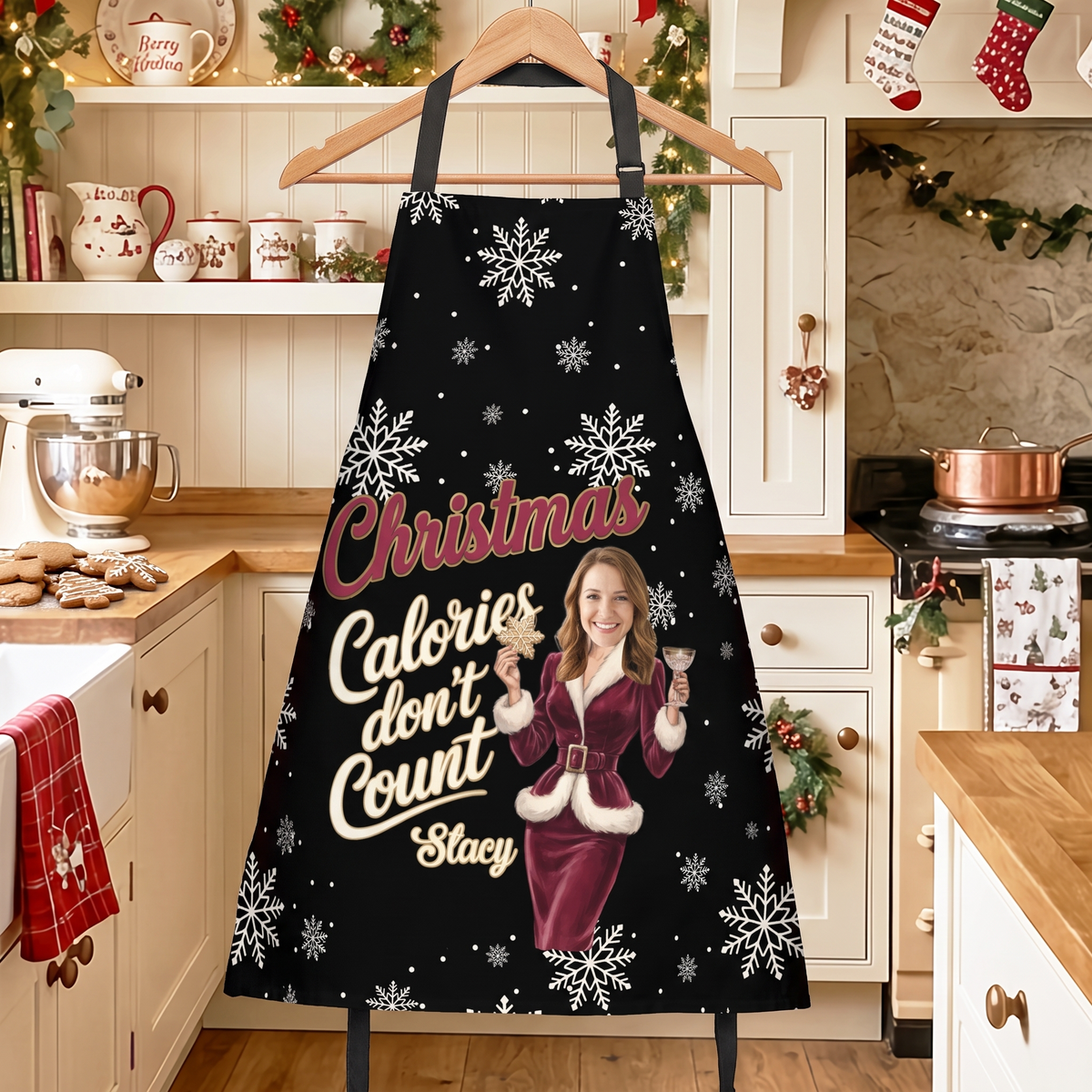 Personalized Christmas Calories Don't Count Apron with Custom Name, Funny Christmas Baking Apron, Holiday Kitchen Apron, Festive Gift for Mom, Dad & Family