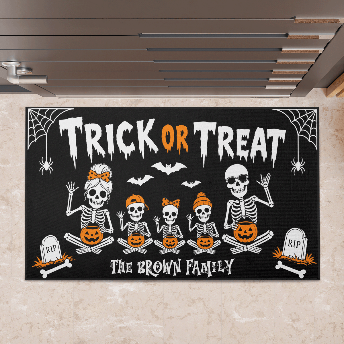 Personalized Halloween Skeleton Family Trick Or Treat Doormat Custom Family Name Entrance Floor Mat