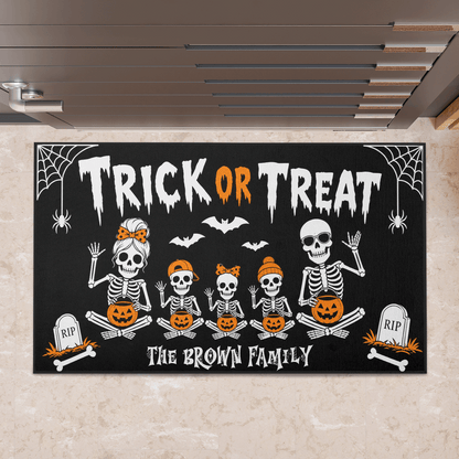 Personalized Halloween Skeleton Family Trick Or Treat Doormat Custom Family Name Entrance Floor Mat
