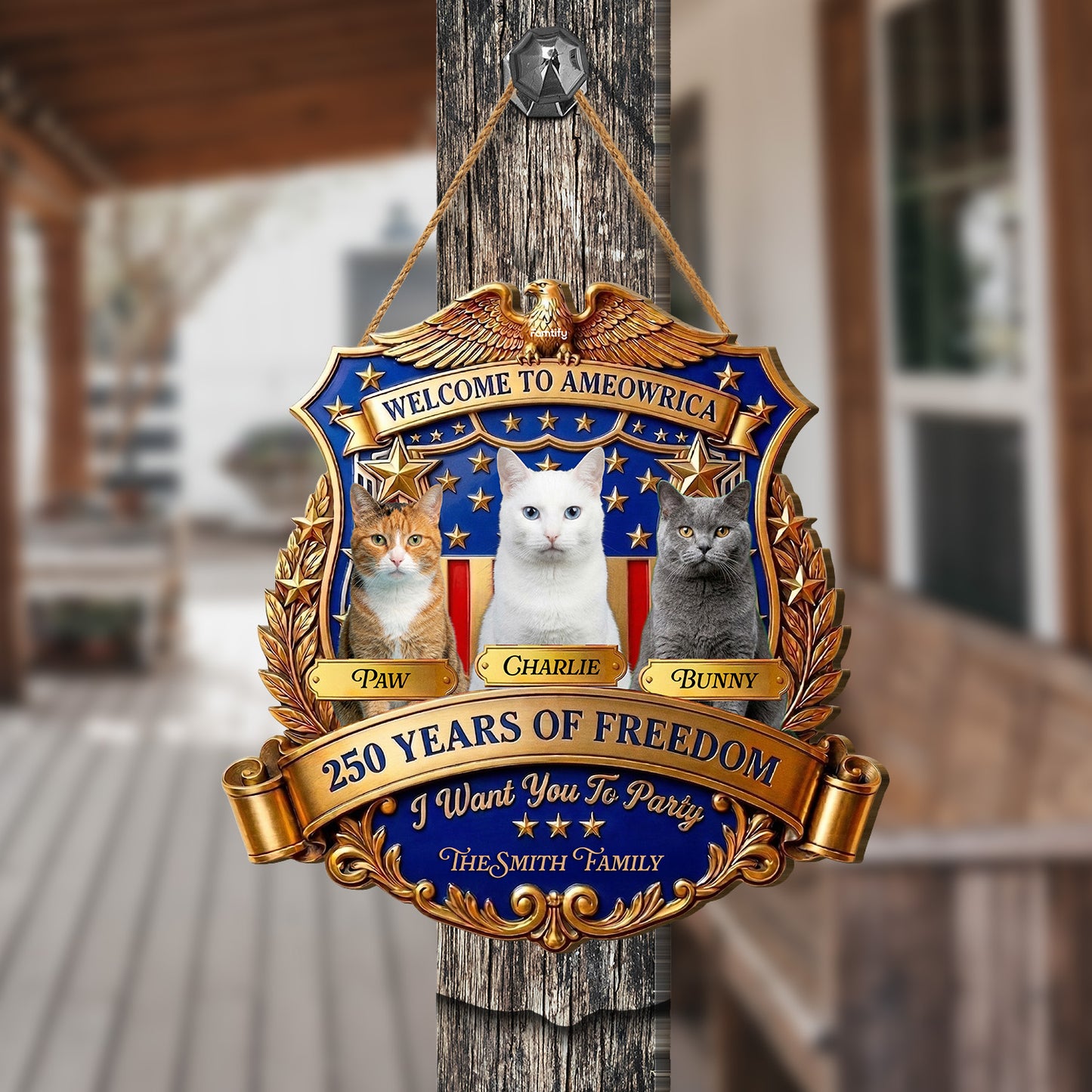 Personalized Cat Patriotic Wood Sign 250 Years Of Freedom USA Pet Name Custom Decor