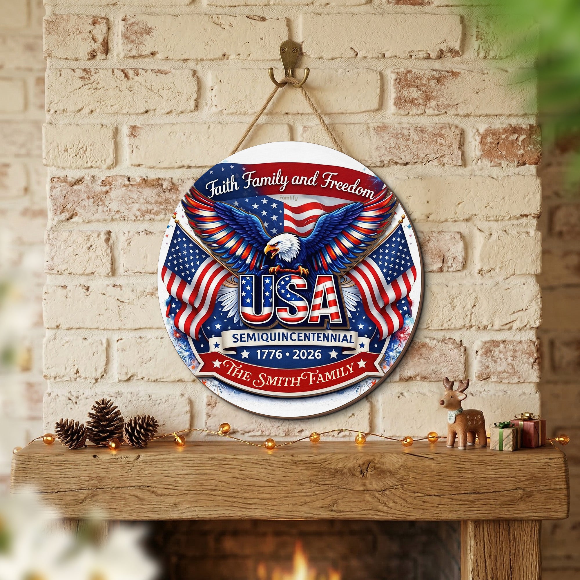 Faith Family and Freedom USA 250th Anniversary Personalized 2-Layer Wood Sign – Custom Family Name Patriotic Door Sign