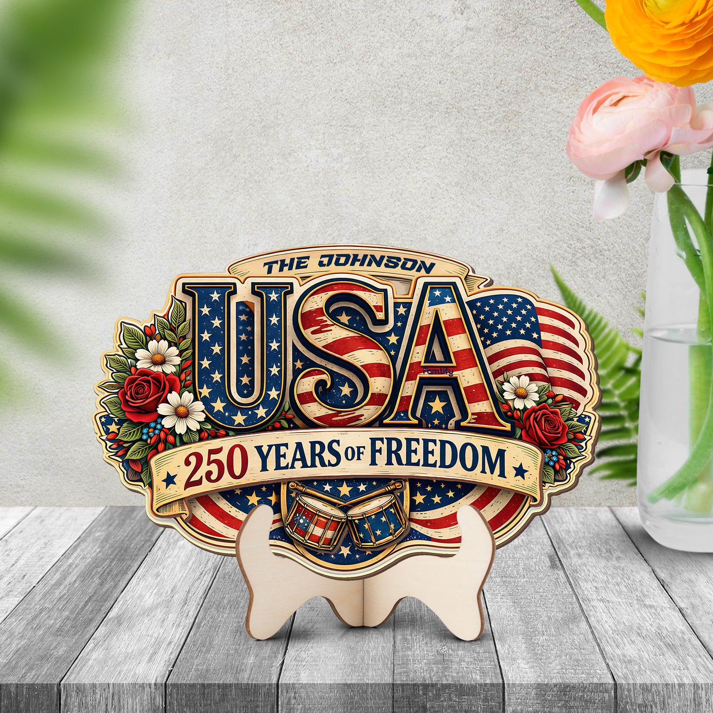 Personalized USA 250 Years of Freedom 2-Layer Wood Sign – Patriotic Floral Letter Door Decor