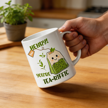 Personalized Tea-riffic Mug for Dad – Custom Name Ceramic Mug, Funny Gift for Father, Birthday Gift Idea