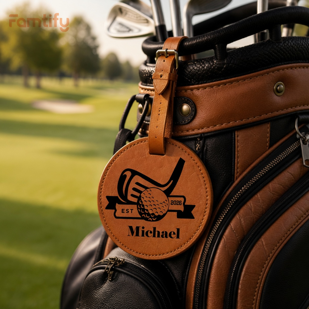 Personalized Leather Golf Bag Tag for Dad – Custom Name Golf Gift