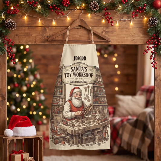 Vintage Santa's Toy Workshop custom name apron on a hanger by a Christmas tree and Santa hat