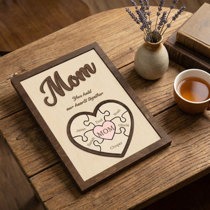 Personalized Heart Puzzle Sign for Mom – Custom Family Name Decor