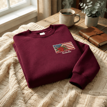 Personalized Christmas American Flag Embroidered Sweatshirt | Custom Name Holiday Crewneck Gift