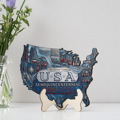 USA 250th Anniversary License Plate Wooden Sign – Personalized Semiquincentennial Double Layer Plaque – Patriotic Family Wall Art