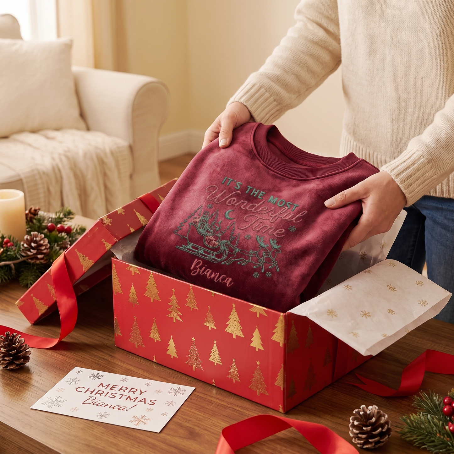 Personalized It's the Most Wonderful Time Christmas Sweatshirt with Custom Name | Vintage Santa Sleigh Holiday Crewneck