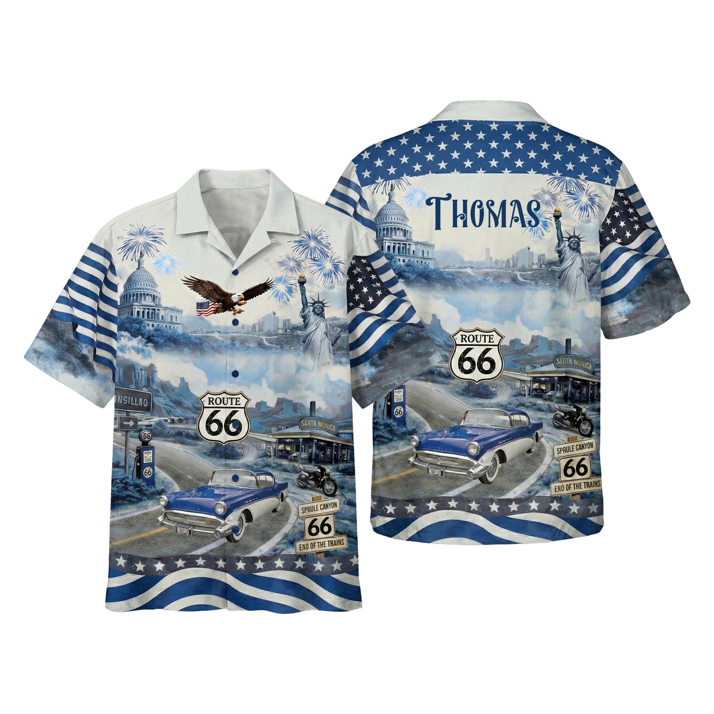Celebrate 100 Years of Road Route 66 and America 250th Anniversary Custom Car Photo Hawaiian Shirt