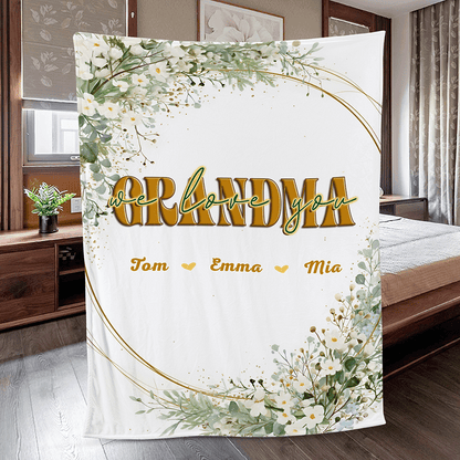 Grandma, We Love You – Heartfelt Mother’s Day Gift from Grandkids – Personalized Floral Heart Blanket