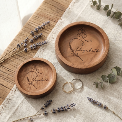 Custom Wooden Ring Dish – Engraved Jewelry Holder Gift for Mom – Personalized Keepsake