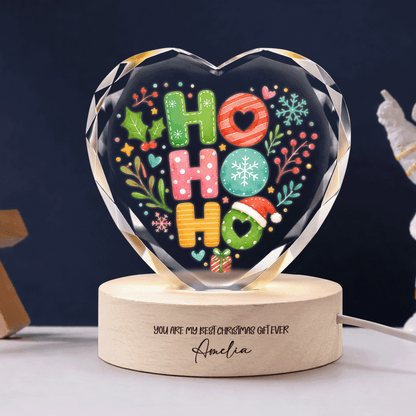 Custom Ho Ho Ho Santa Hat Festive 3D Laser Engraved Crystal Heart with LED Wooden Standee, Personalized Name Holiday Night Light Keepsake