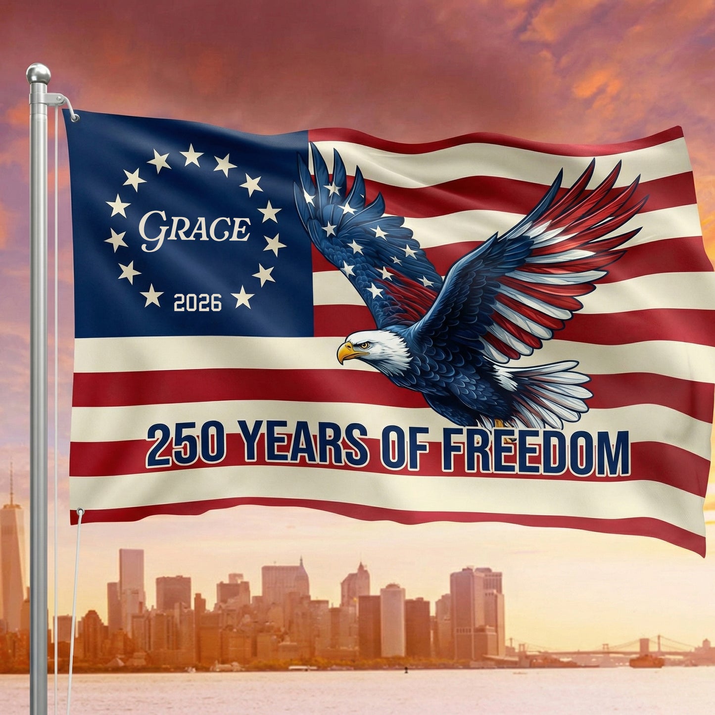 Personalized 250 Years of Freedom Flag 1776-2026 Eagle Betsy Ross Grommet Banner House Flag