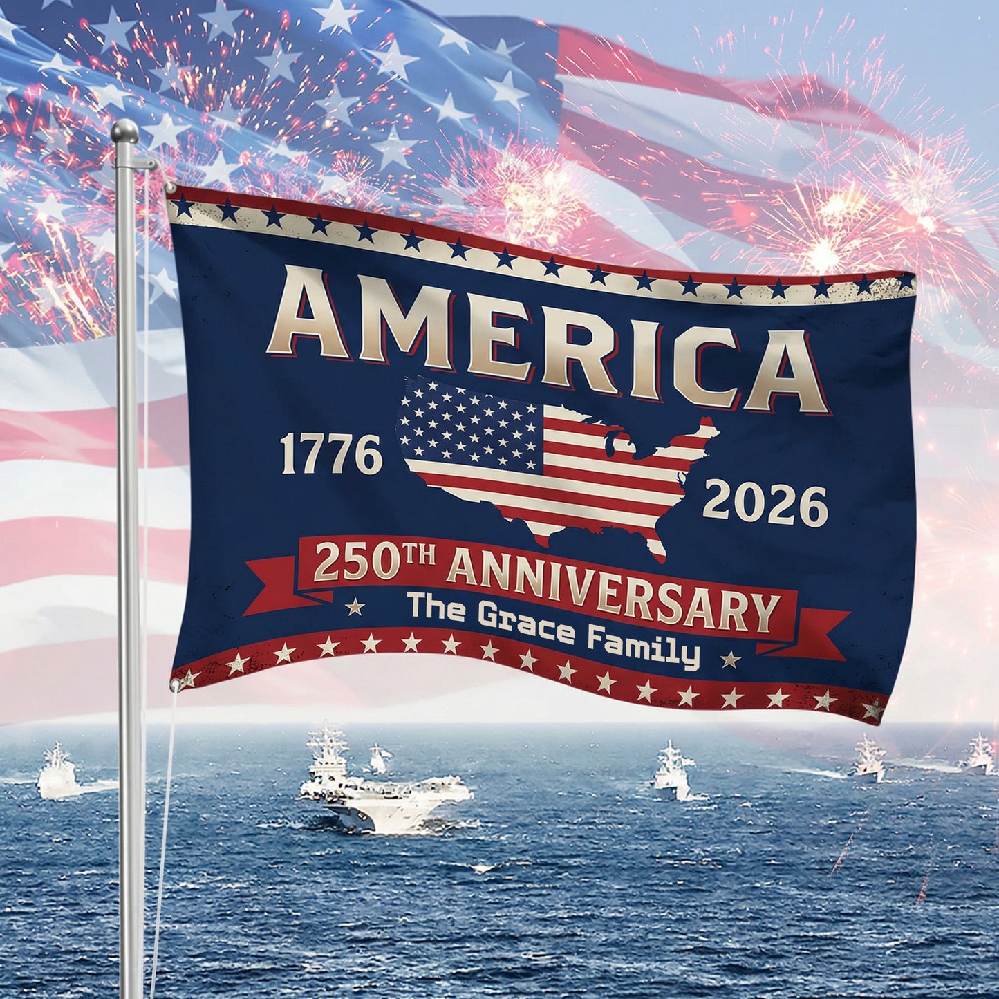 Personalized Family Name America 250th Anniversary Banner House Flag Navy