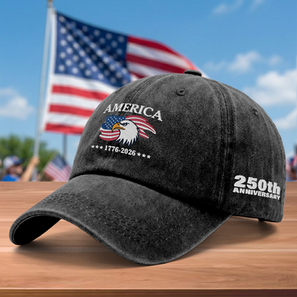 America 250 Years 1776-2026 Eagle Embroidered Washed Denim Baseball Cap – Custom Name Patriotic USA Anniversary Hat