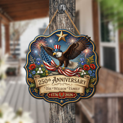 Personalized American Eagle 250th Anniversary Family Name Wooden Hanging Sign – Patriotic Decor Gift for Family – Independence Day Keepsake